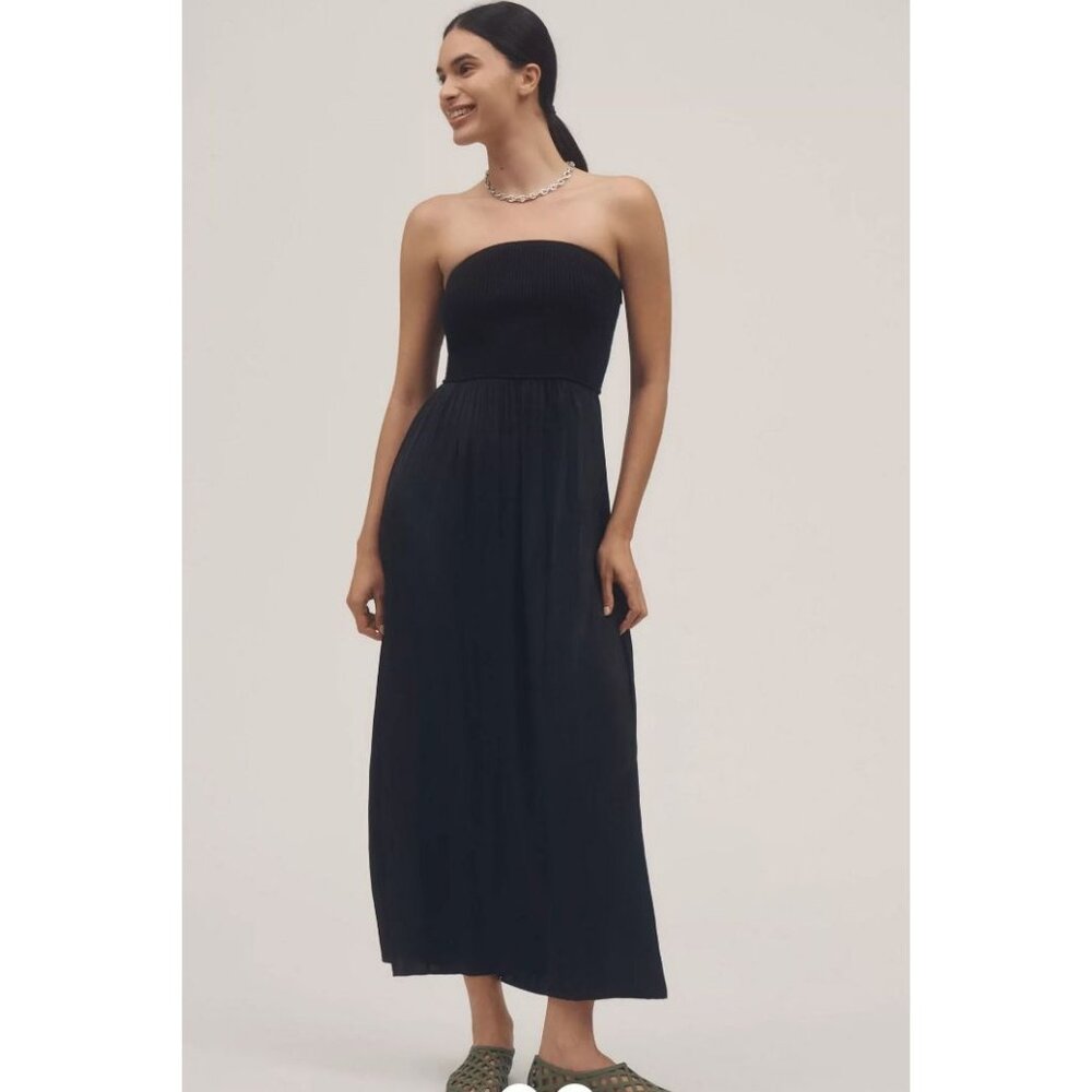 NEW Anthropologie Womens Medium Black Strapless Maxi Dress Ribbed Knit Bodice - Picture 2 of 12